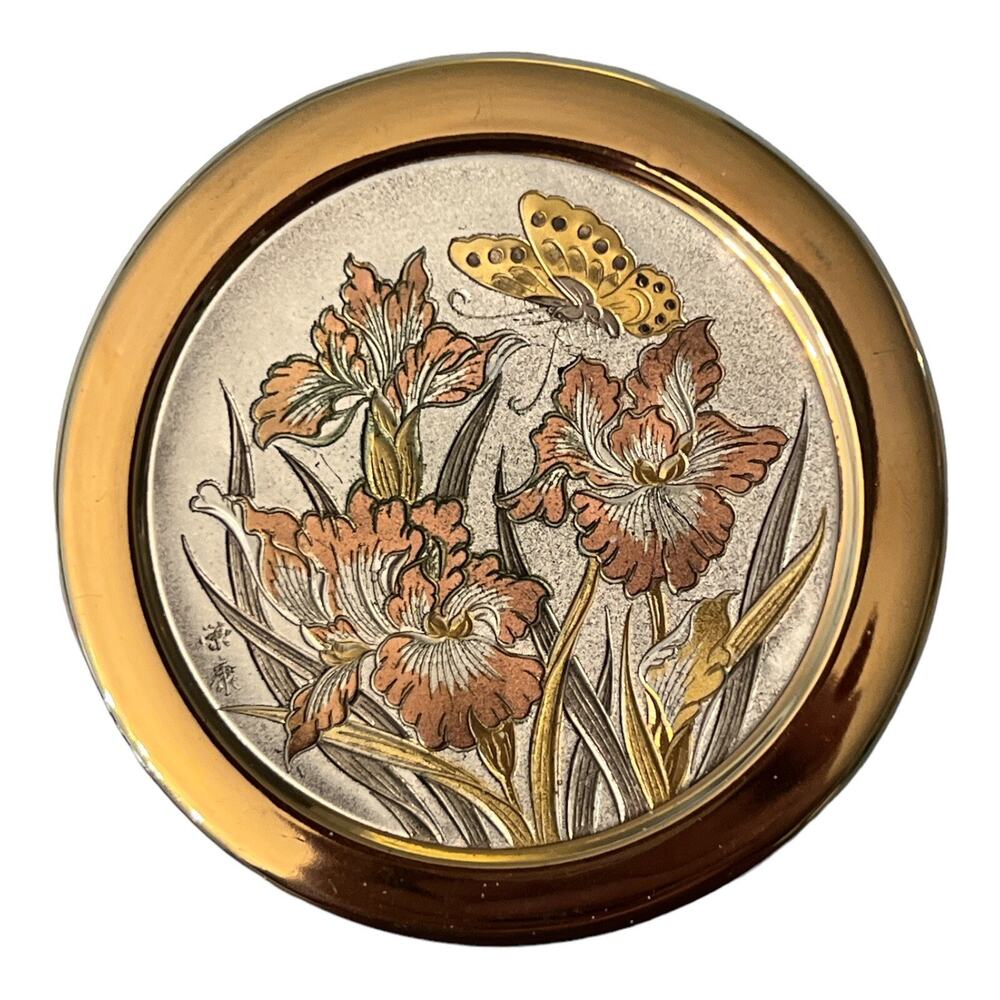 Art Of Chokin 24KT Gold Engraving Edged Trinket Box Butterfly and Flowers 4 Inch